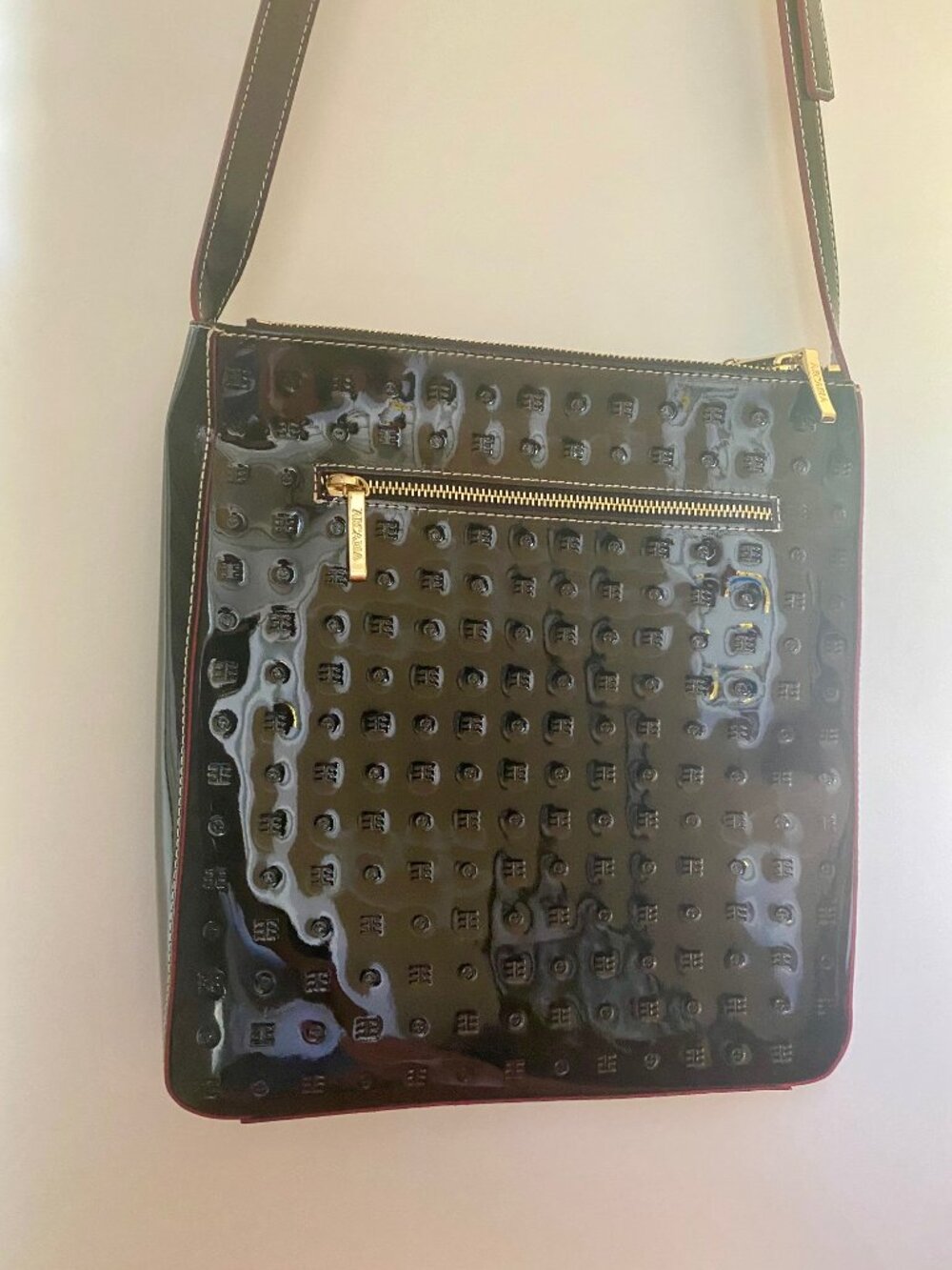 Arcadia Patent Leather Crossbody Bag Black Tan Strap Adjustable Made In Italy - Picture 8 of 9